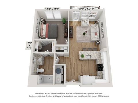 Floor plan for 1 bed, 1 bath, 684 sqft